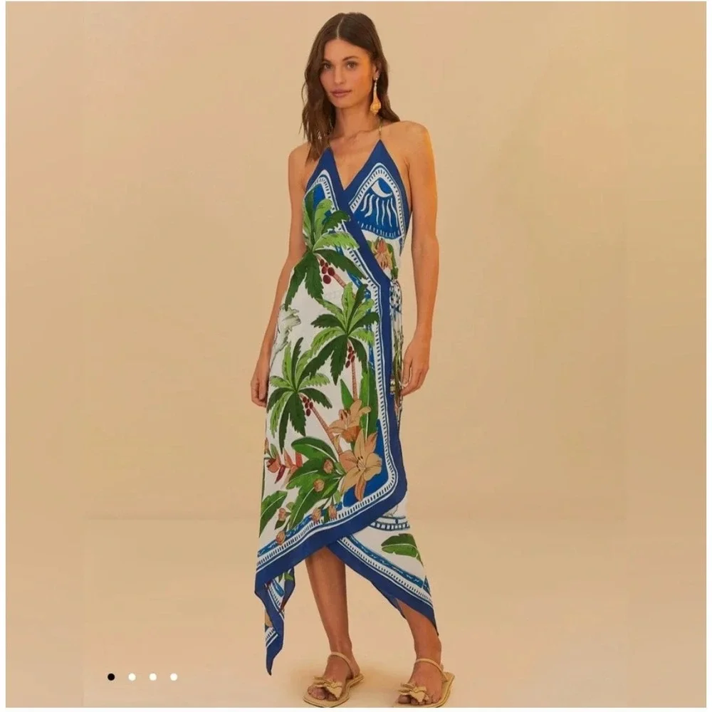 Farm Rio Dress Small Tropical Destination Handkerchief Cover-Up Maxi Halter NEW